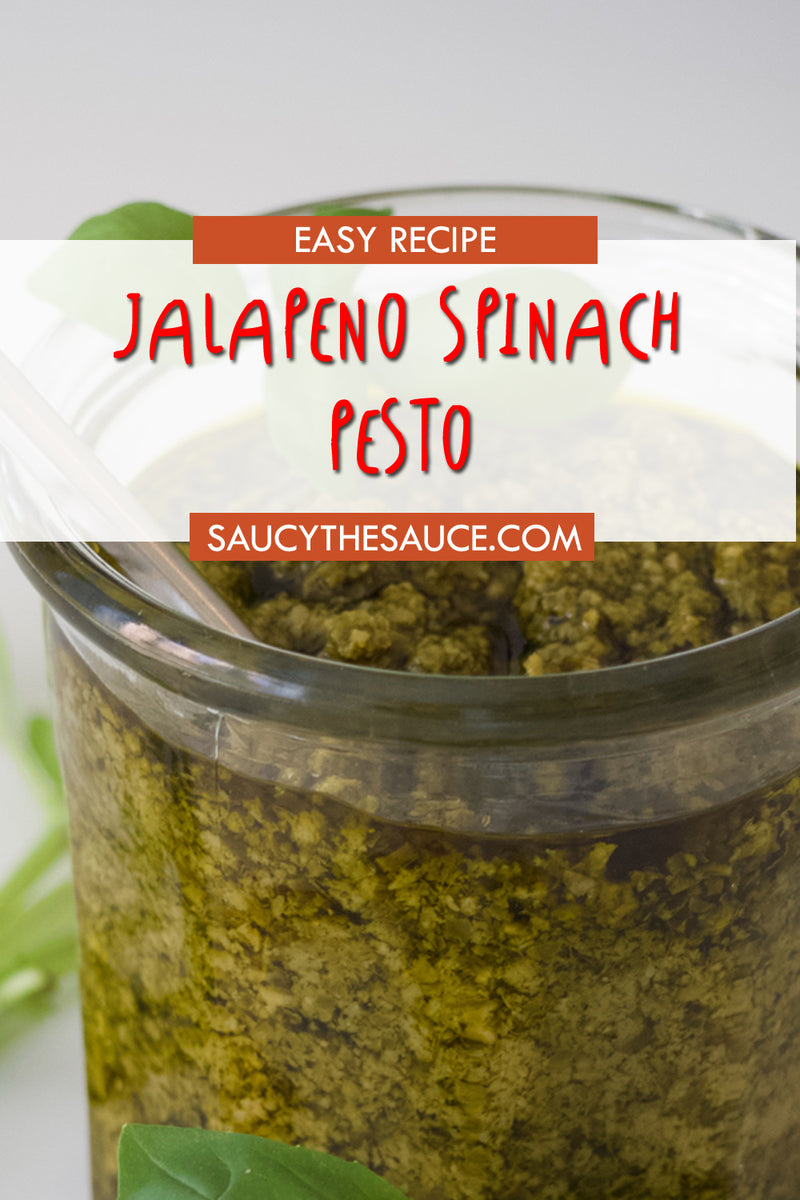 Spinach Pesto with Saucy Jalapeno Hot Sauce A Chefs Life LLC